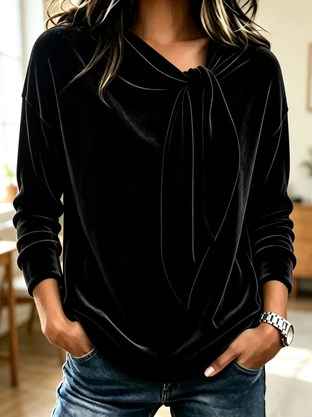 Damen Drapiertes Velours-Sweatshirt mit Knotenschalkragen Nord Taschen