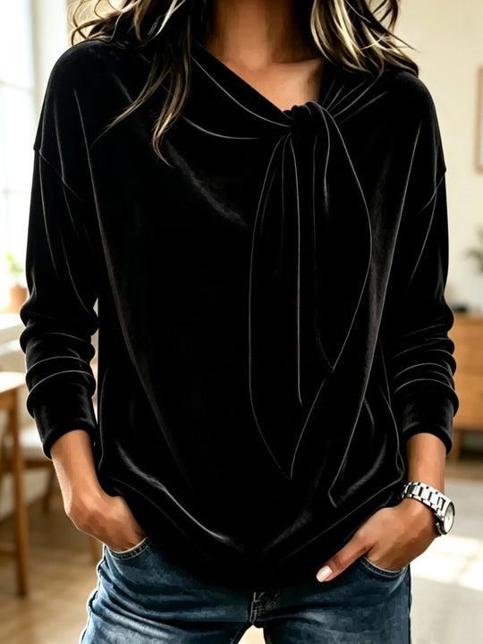 Damen Drapiertes Velours-Sweatshirt mit Knotenschalkragen Nord Taschen