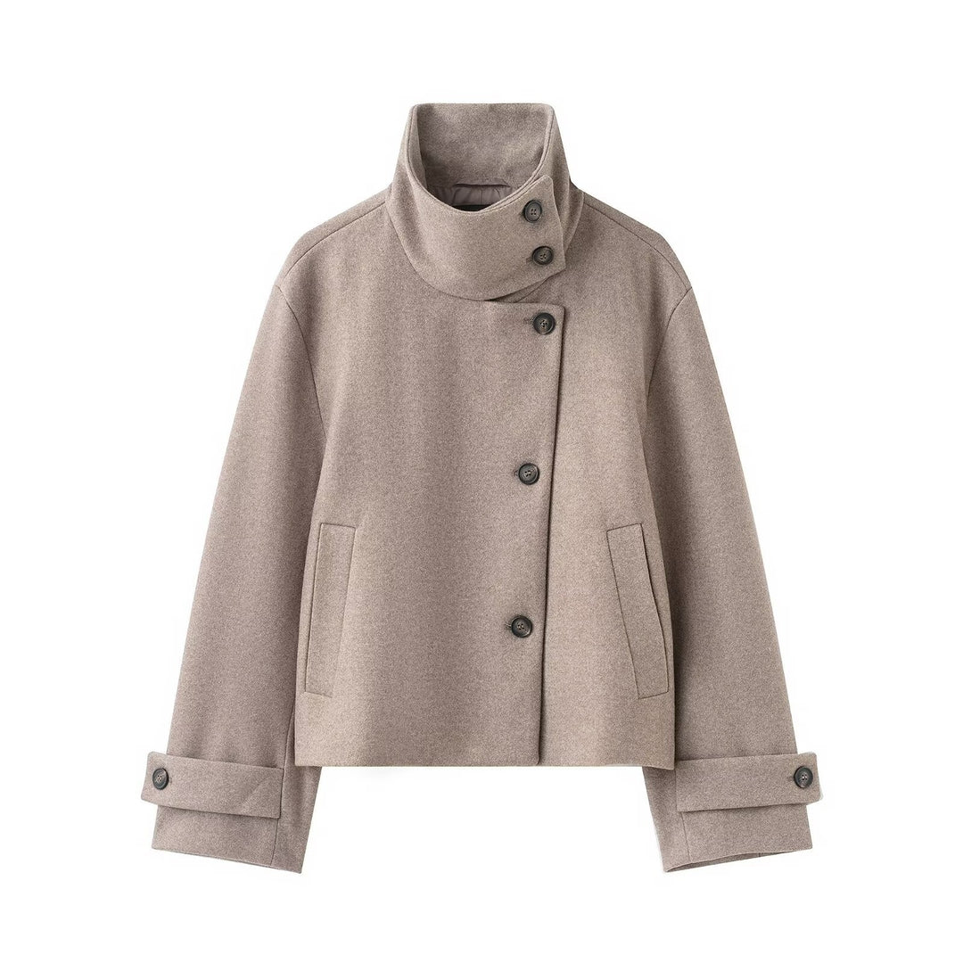 Damen Cropped Wollmix-Kurzjacke mit hohem Stehkragen, asymmetrischer Knopfleiste und Krempelmanschetten Nord Taschen