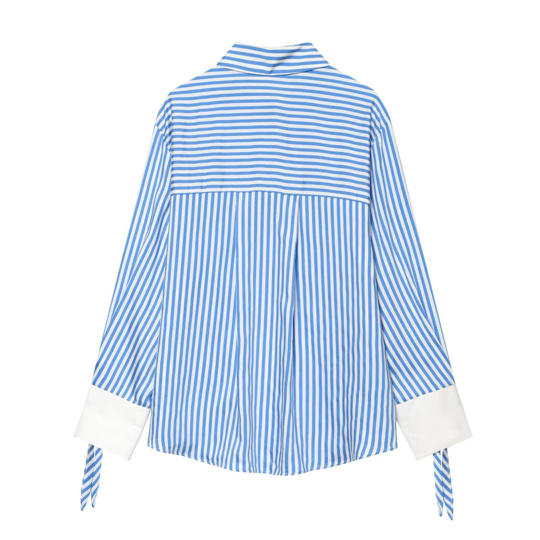 Damen Oversize-Bluse mit Streifen, abgesetzten Manschetten, Schleifendetail und Zierknöpfen Nord Taschen