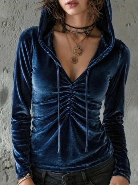 Damen Samt-Hoodie-Shirt mit geraffter V‑Ausschnitt‑Front Nord Taschen