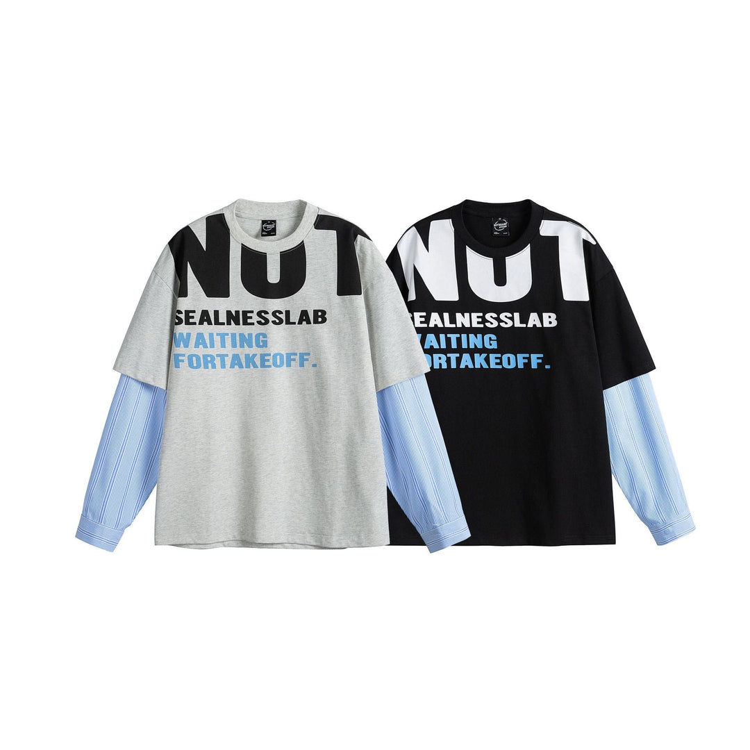 Damen Lagenlook T-Shirt mit eingearbeiteten Hemdärmeln und oversized Print Nord Taschen
