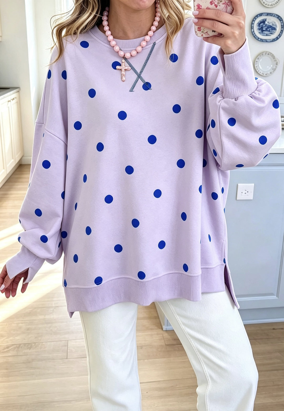 Damen Oversize-Sweatshirt mit Puffärmeln, Polka-Dots und Seitenschlitzen Nord Taschen