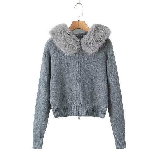 Damen Kurze Strickjacke mit Reißverschluss und abnehmbarem Kunstfellkragen Nord Taschen