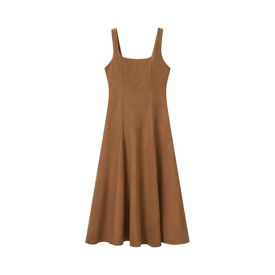 Damen A-Linien Midikleid aus Wildlederoptik mit eckigem Ausschnitt und Prinzessnähten Nord Taschen