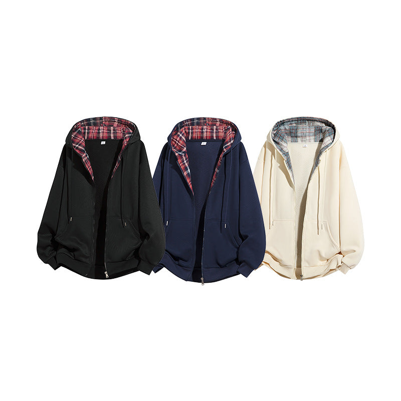 Herren Kapuzenjacke mit Teddy‑Fleece‑Futter und kariertem Kapuzeninnenfutter, durchgehendem Reißverschluss Nord Taschen