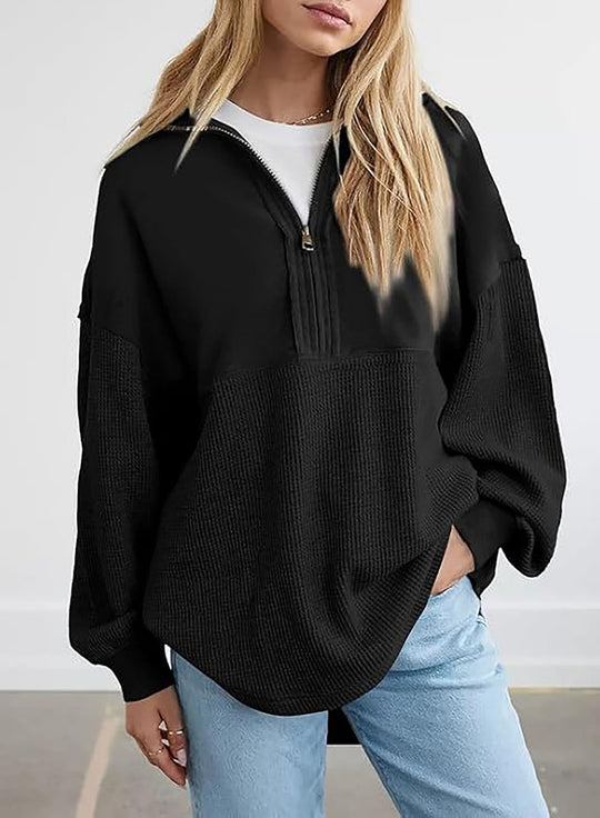 Damen Oversize-Halbzip-Pullover mit Waffelstrick-Einsätzen Nord Taschen