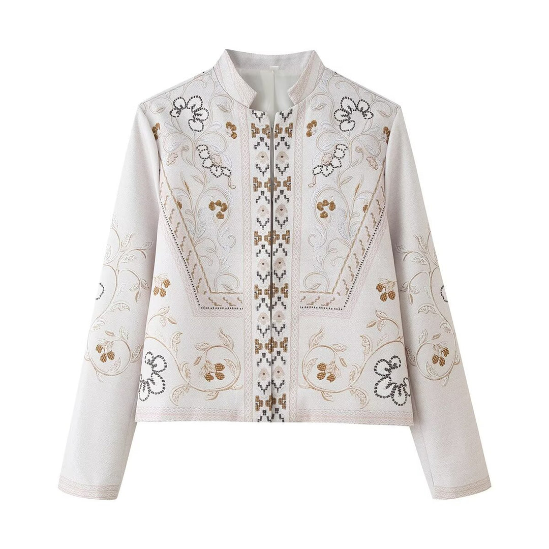 Damen Bestickte Boxy-Jacke mit Stehkragen und floraler Stickerei Nord Taschen