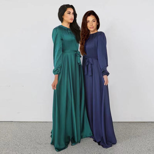 Damen Maxikleid aus fließendem Satin mit Stehkragen und Bindegürtel Nord Taschen