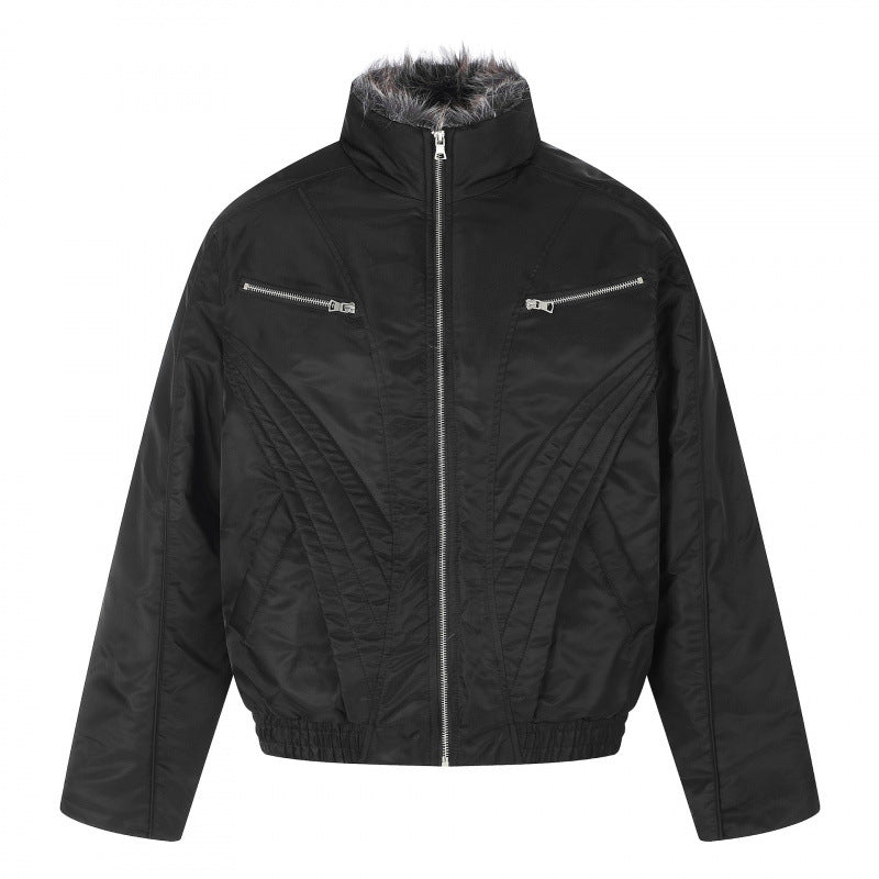 Herren Kurzjacke im Retro-Pufferstil mit hochschließendem Kunstfellkragen und dekorativer Wellensteppung Nord Taschen