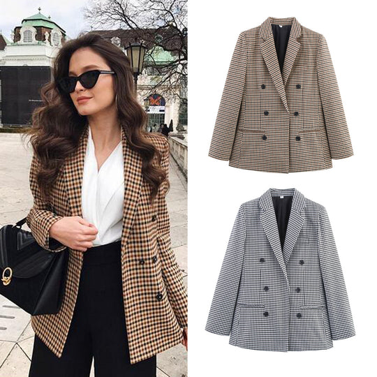 Damen Doppelreihiger Wollmix-Blazer im Glencheck/Hahnentritt mit leicht boxy Schnitt Nord Taschen