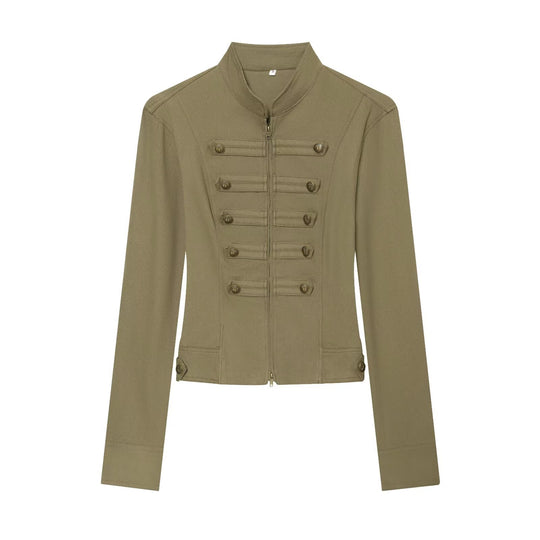 Damen Taillierte Militärinspirierte Kurzjacke mit Stehkragen und Zierknopfleisten Nord Taschen