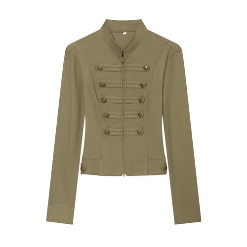 Damen Taillierte Militärinspirierte Kurzjacke mit Stehkragen und Zierknopfleisten Nord Taschen