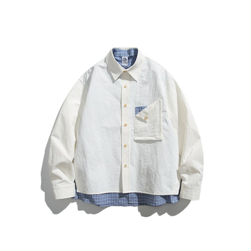 Herren Boxy-Overshirt im Layer-Look mit kariertem Innenfutter, Brusttasche und Holzknöpfen Nord Taschen