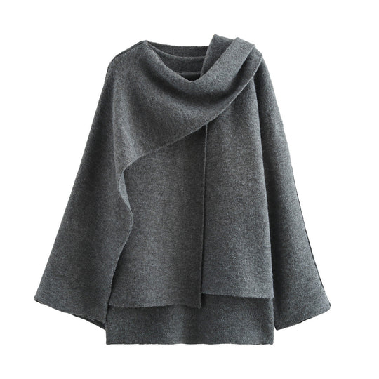 Damen 900+ drapierter Oversize Poncho‑Pullover mit Wasserfallkragen und Zierknopf Nord Taschen