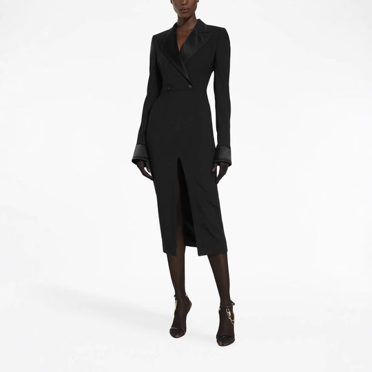Damen Tailliertes Blazerkleid im Longcut mit Satinrevers und Frontschlitz Nord Taschen