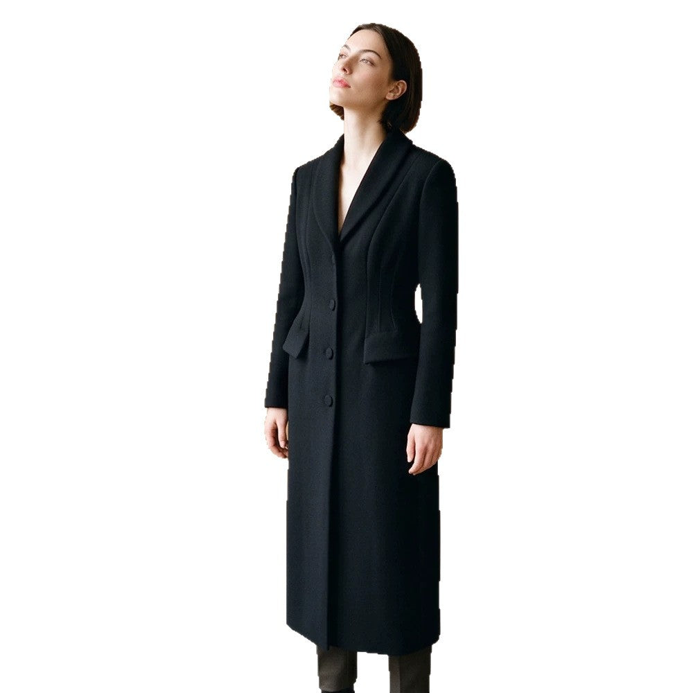 Damen Taillierter Longcoat mit Schalkragen und figurformenden Abnähern Nord Taschen