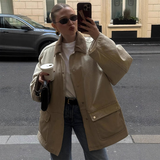 Damen Oversize-Fieldjacke mit Cordkragen, großen Pattentaschen und Druckknopfverschluss Nord Taschen