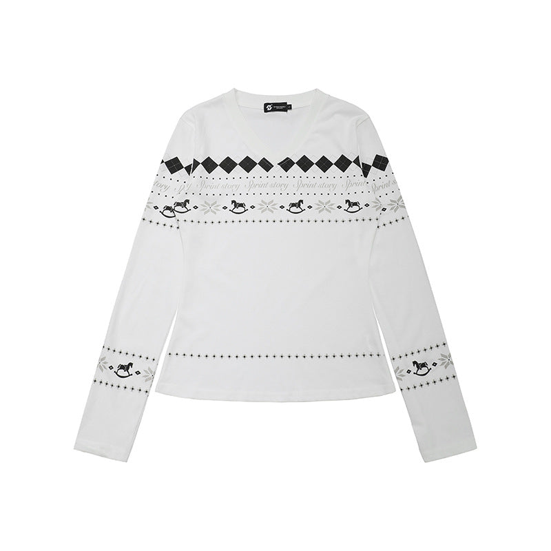 Damen Langarmshirt mit V-Ausschnitt und skandinavischem Norwegerprint aus Baumwollmix Nord Taschen