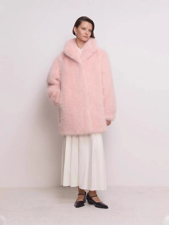 Damen Midilanger flauschiger Teddy-Kunstpelz‑Mantel mit stehendem Schalkragen Nord Taschen