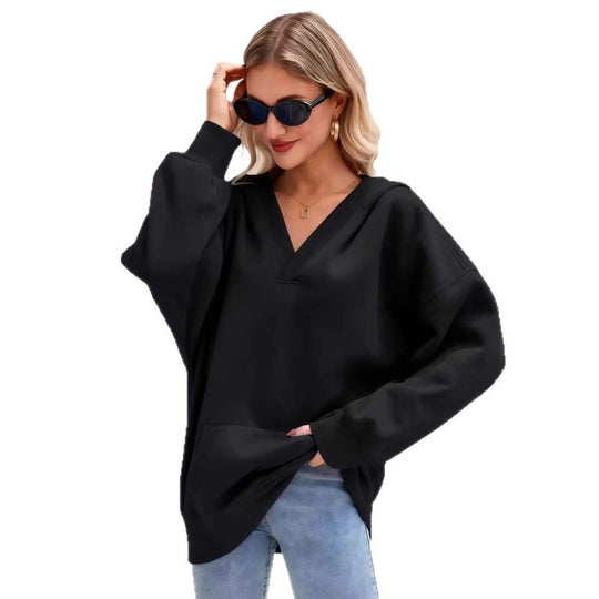 Damen Oversize V-Ausschnitt Hoodie mit Kapuze, Kängurutasche und verlängertem Saum Nord Taschen