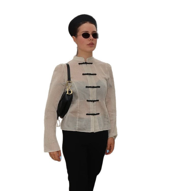 Damen Chinesisch-inspirierte Cordjacke mit Stehkragen, Froschverschlüssen & Taillengürtel Nord Taschen