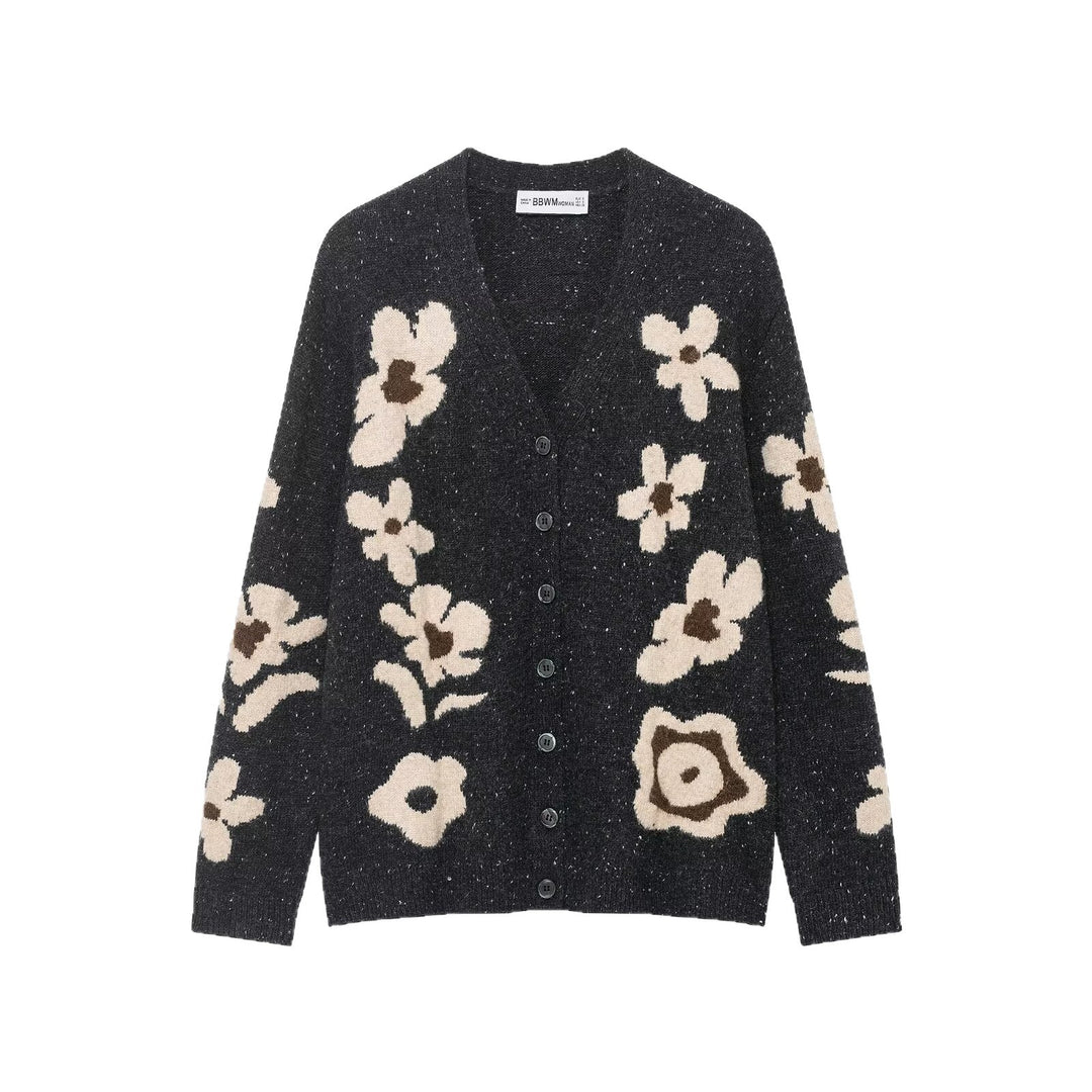 Damen Strickcardigan mit Leopardenjacquard, perlenverzierten Zierknöpfen und kurzem Saum Nord Taschen