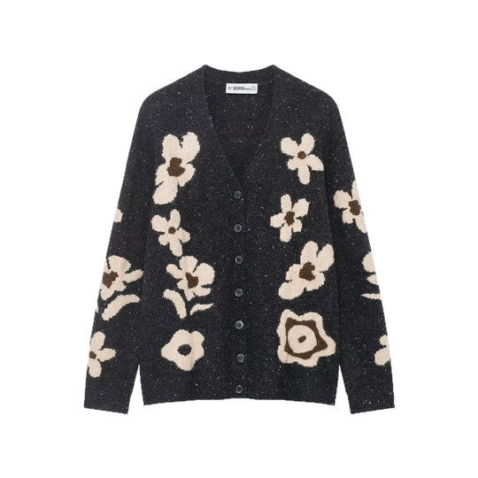 Damen Strickcardigan mit Leopardenjacquard, perlenverzierten Zierknöpfen und kurzem Saum Nord Taschen