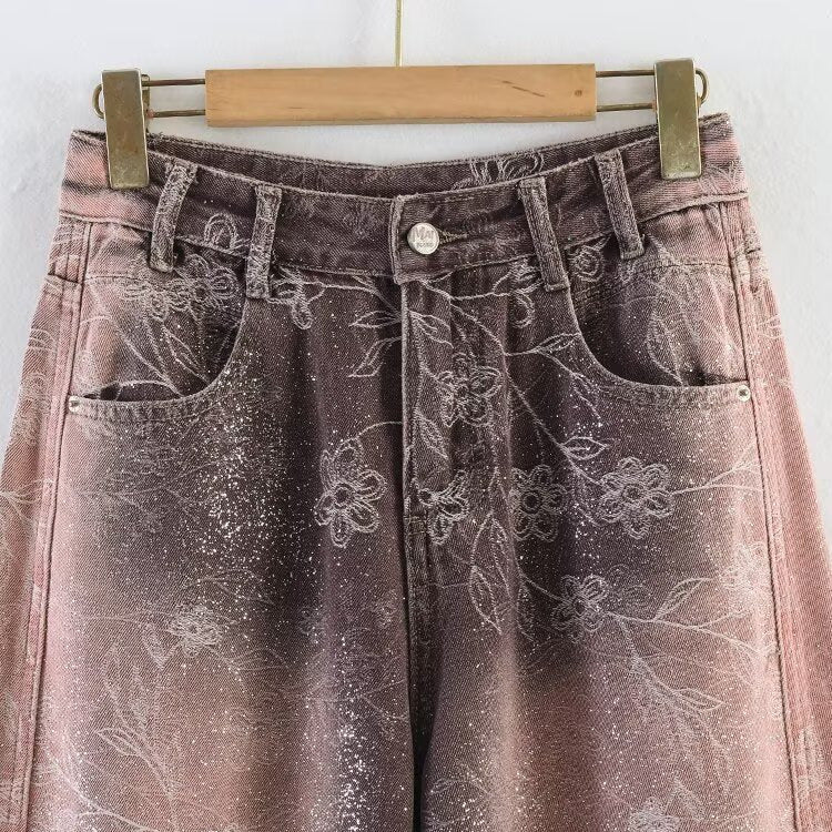 Damen Weite High‑Waist‑Jeans mit floralem Allover‑Print und Used‑Farbverlauf Nord Taschen