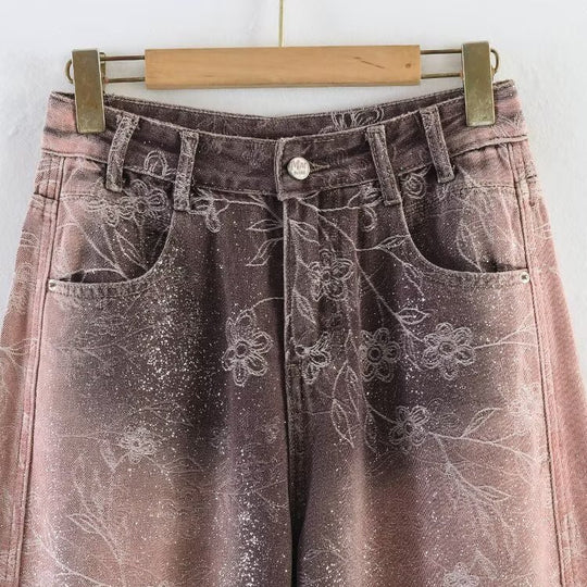 Damen Weite High‑Waist‑Jeans mit floralem Allover‑Print und Used‑Farbverlauf Nord Taschen