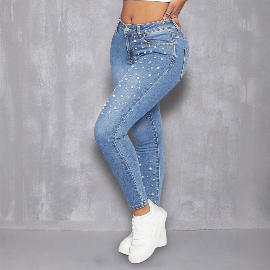 Damen High-Waist Skinny-Jeans mit Perlenapplikation Nord Taschen