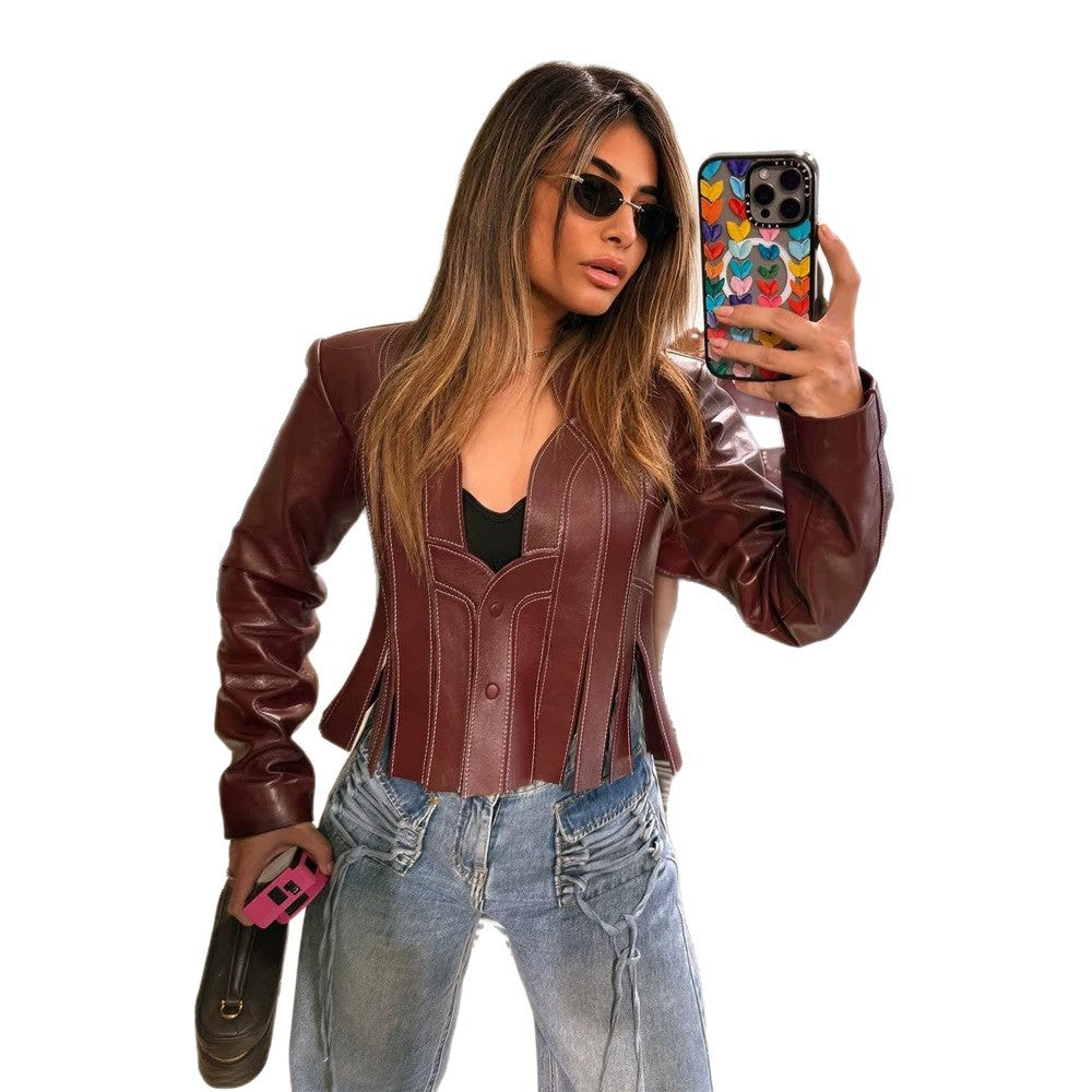 Damen Kurzer taillierter Blazer aus Lederimitat mit Korsett‑Partien Nord Taschen