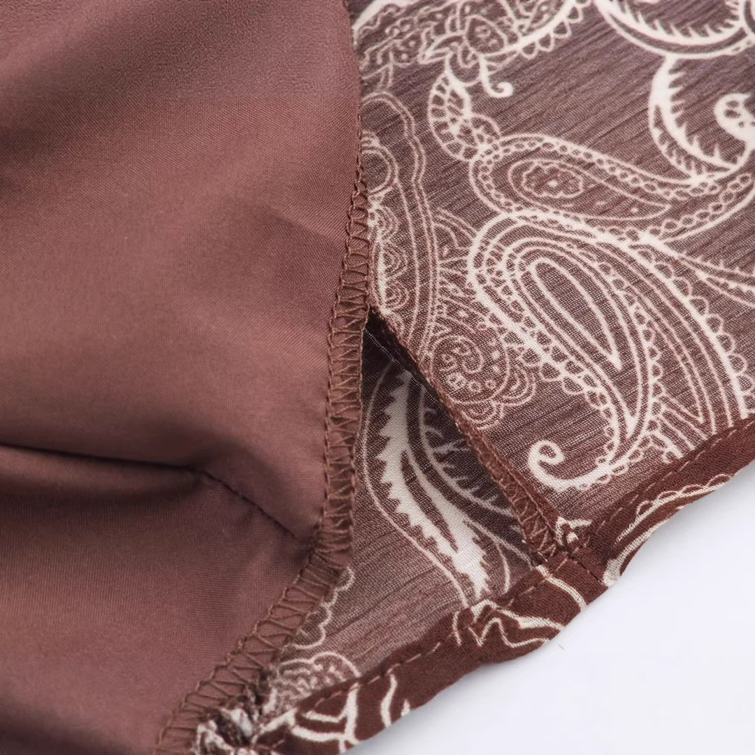 Damen Asymmetrisches Paisley‑Chiffon‑Minikleid mit Ballonärmeln und Taillengürtel Nord Taschen