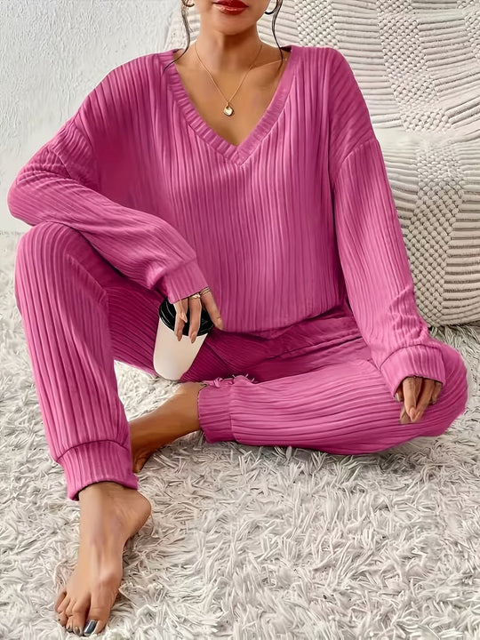 Damen Komfortables Rippstrick-Loungewear-Set mit V-Ausschnitt und Joggerhose Nord Taschen