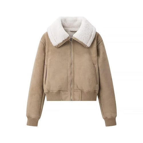 Damen Kurz geschnittene Bomberjacke mit Fake-Shearling-Kragen und Veloursoptik Nord Taschen