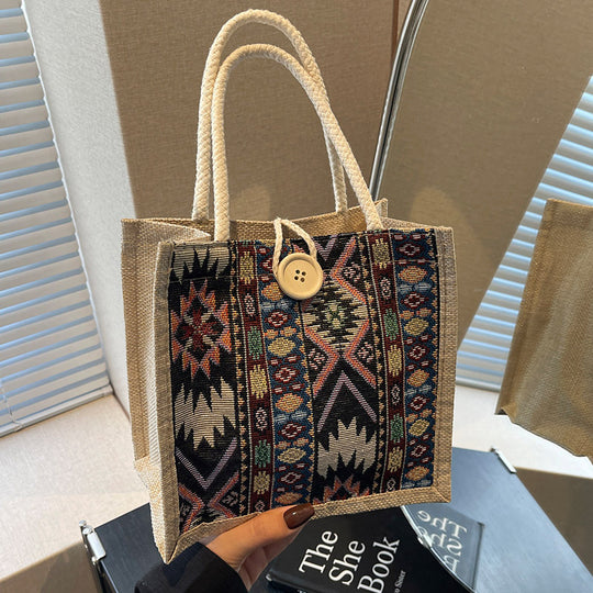 Damen Jute Tragetasche mit kunstvollem Ethnomuster Nord Taschen