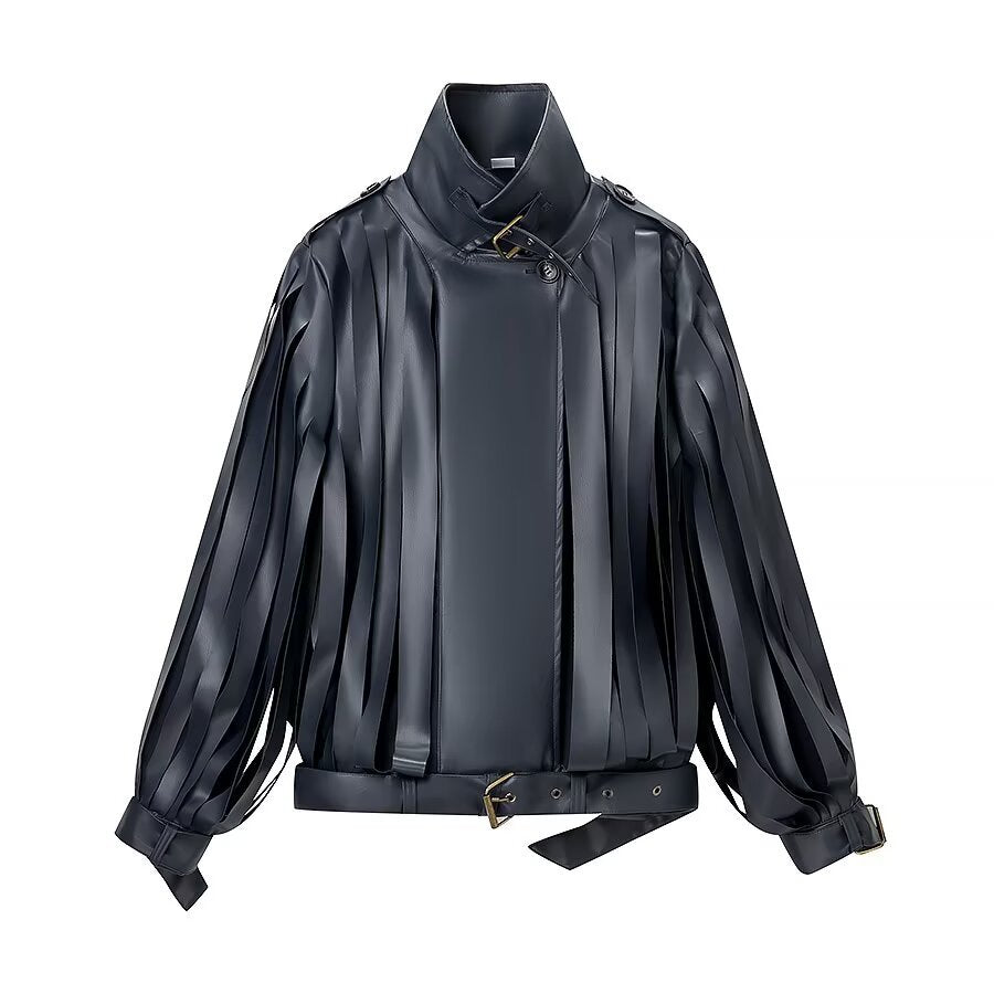 Damen Lederimitat‑Fransenblouson mit Stehkragen und Taillengürtel Nord Taschen