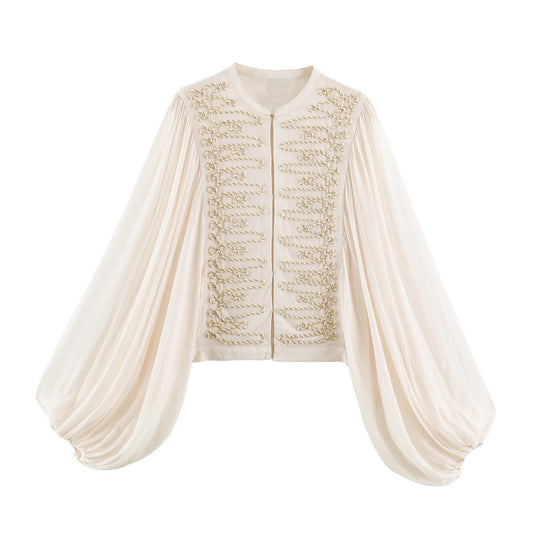 Damen Kurze Bluse‑Jacke mit dekorativer Kordelverzierung und voluminösen Plisseeärmeln Nord Taschen