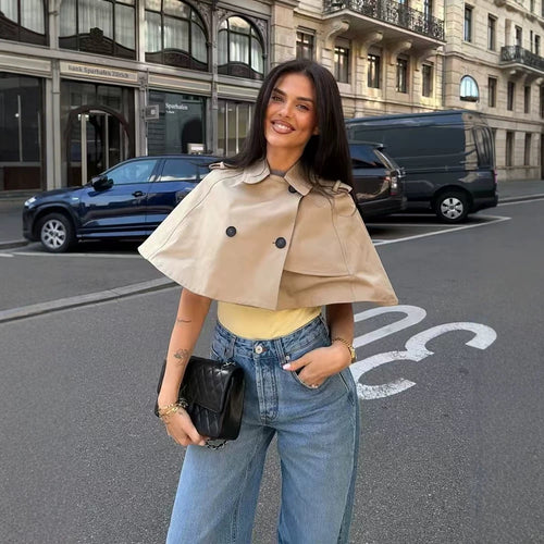 Damen Cropped Cape-Trench mit doppelreihiger Knopfleiste und Schulterklappen Nord Taschen