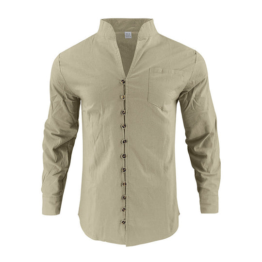 Herren Hemd mit Stehkragen und asymmetrischer Knopfleiste aus Leinenmix Nord Taschen