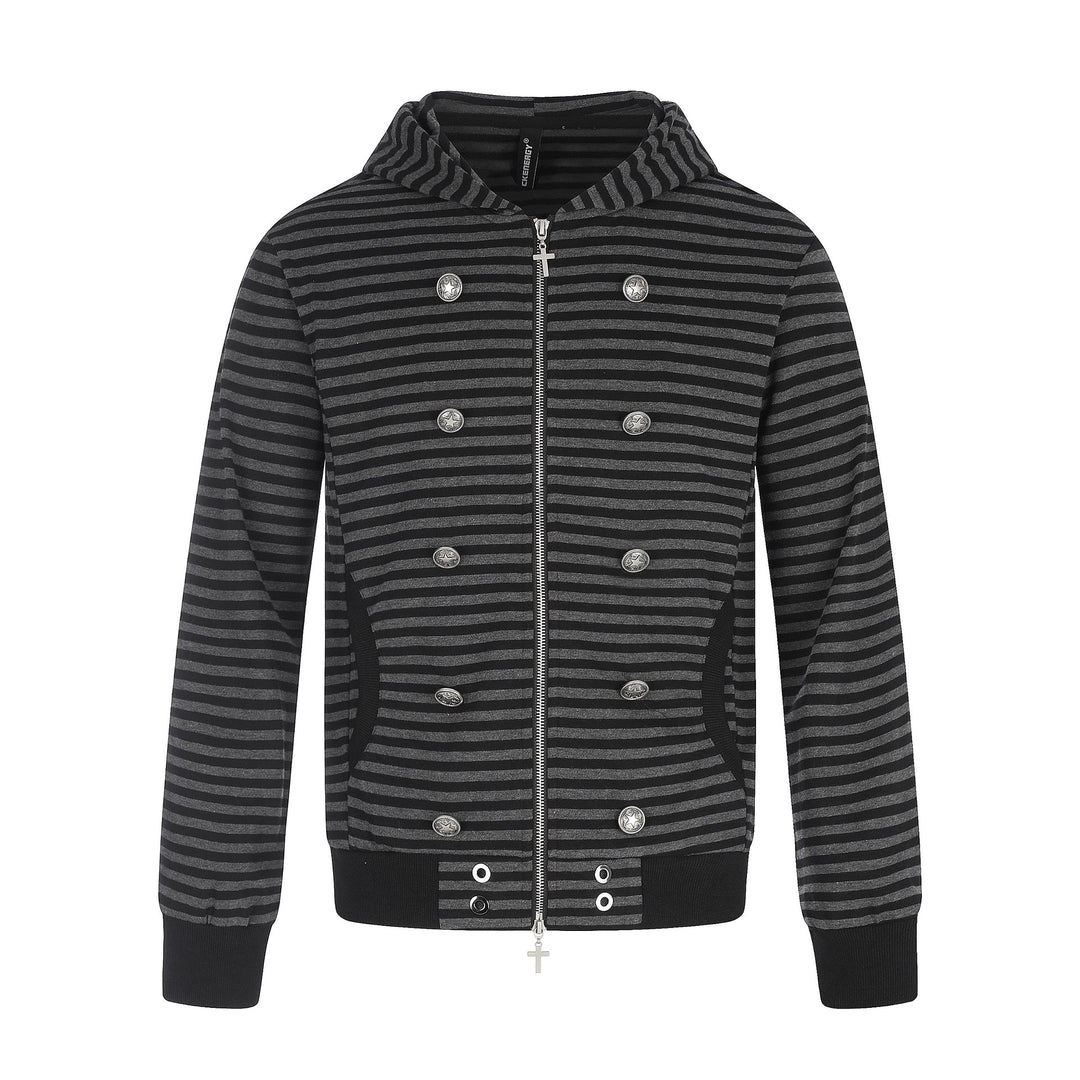 Herren Gestreifte Kapuzenjacke mit Doppelknopf-Optik, Rippenbündchen und Kreuz-Zipper Nord Taschen