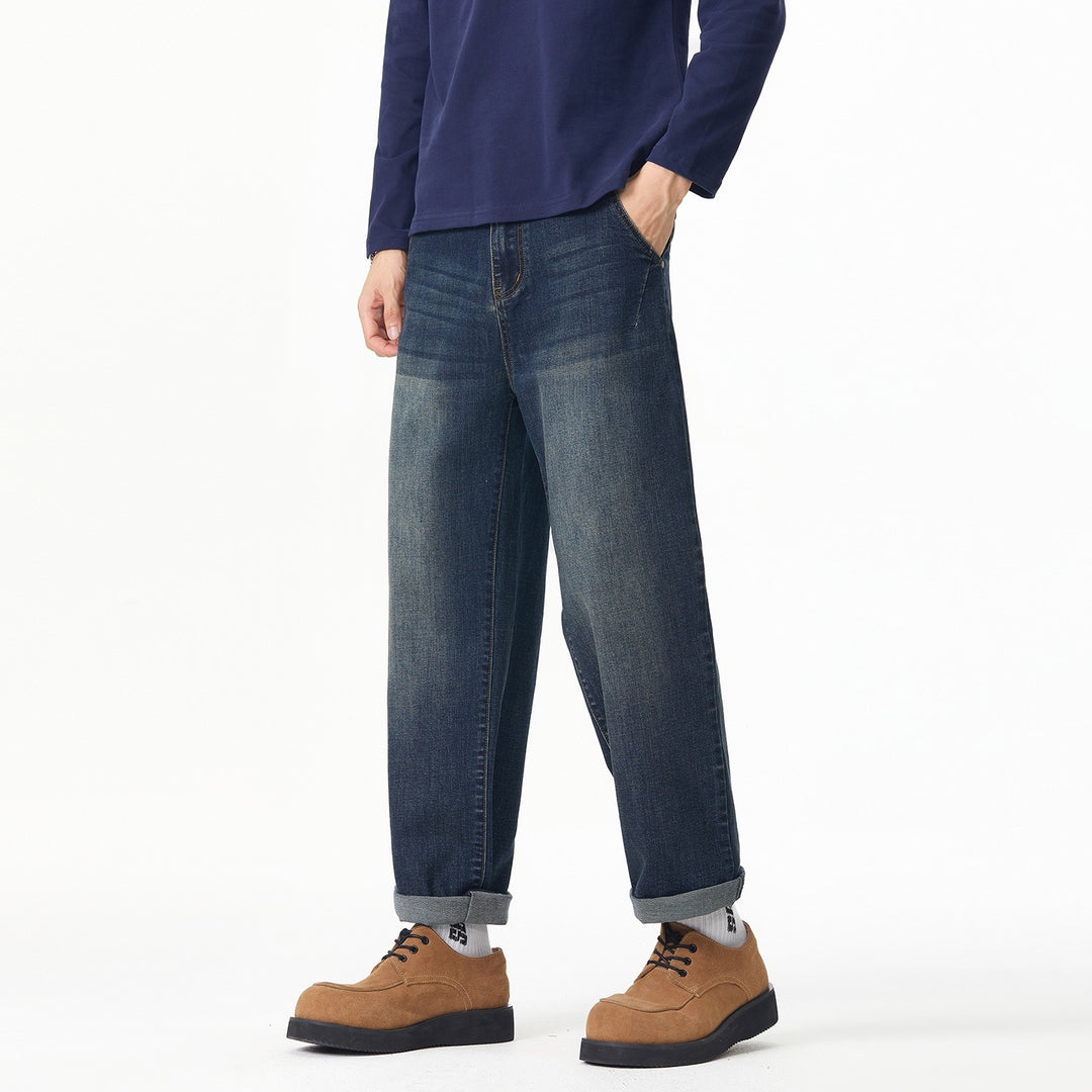 Herren Weite gerade geschnittene Denim-Jeans mit Used‑Wash und Umschlagbund Nord Taschen