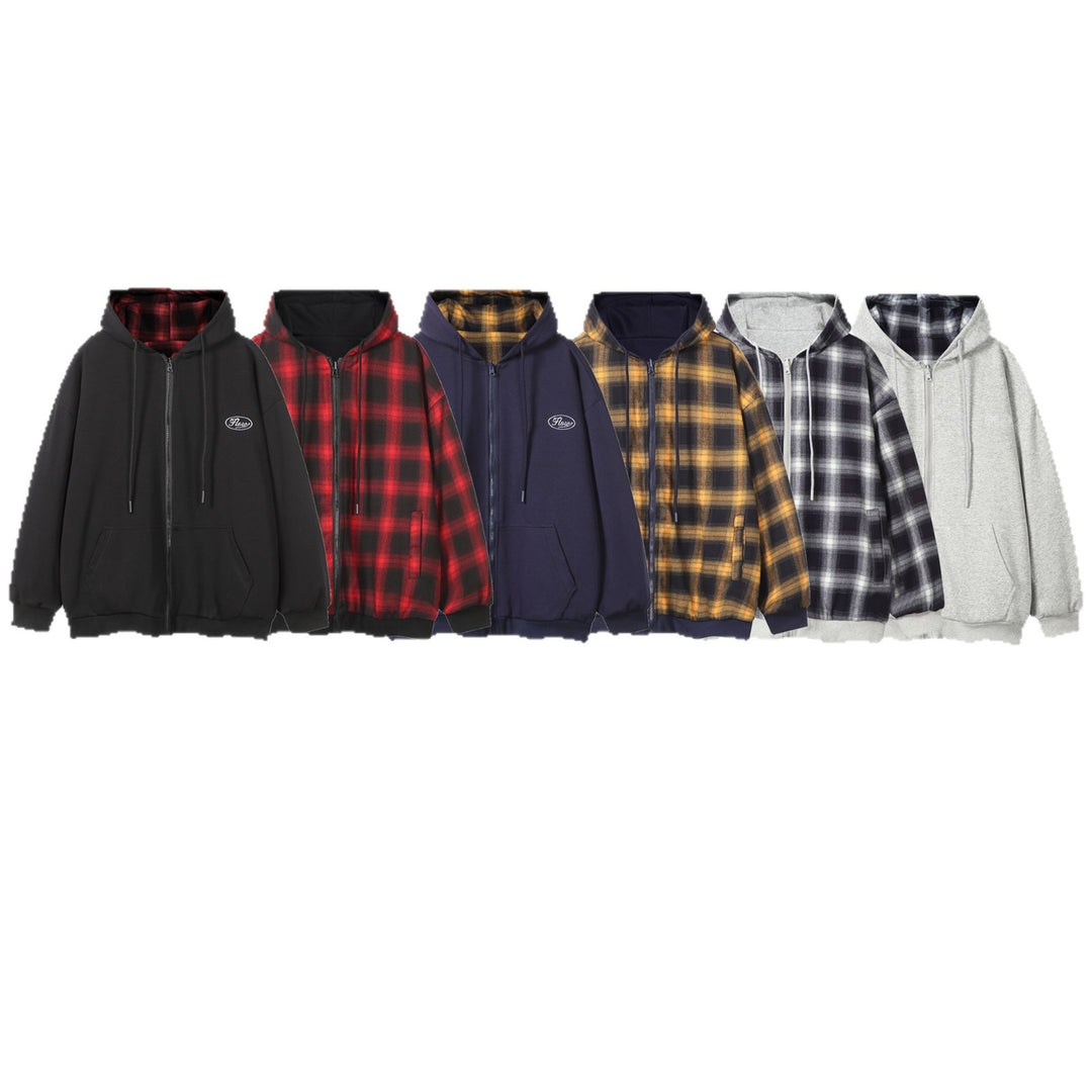 Unisex Oversize-Kapuzenzipjacke mit karierter Kapuzenfütterung und Kängurutaschen Nord Taschen