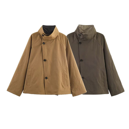 Damen Oversize-Kurzmantel mit hohem Stehkragen, Raglanärmeln und verdeckter Knopfleiste Nord Taschen