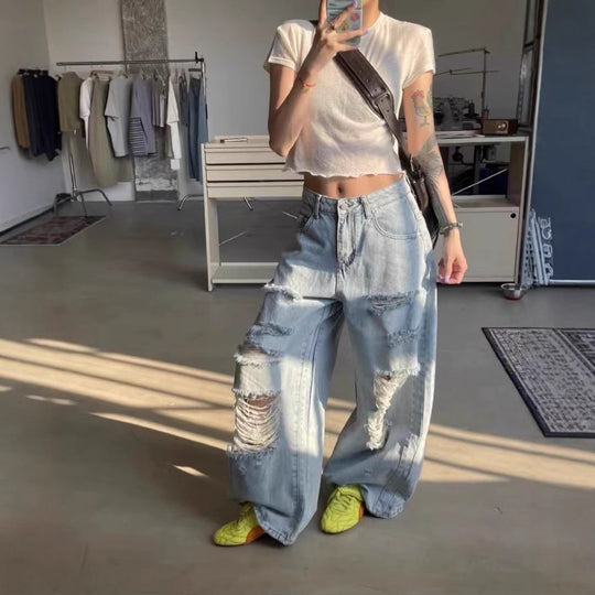 Damen Destroyed Wide-Leg Jeanshose mit trendigen Rissen Nord Taschen