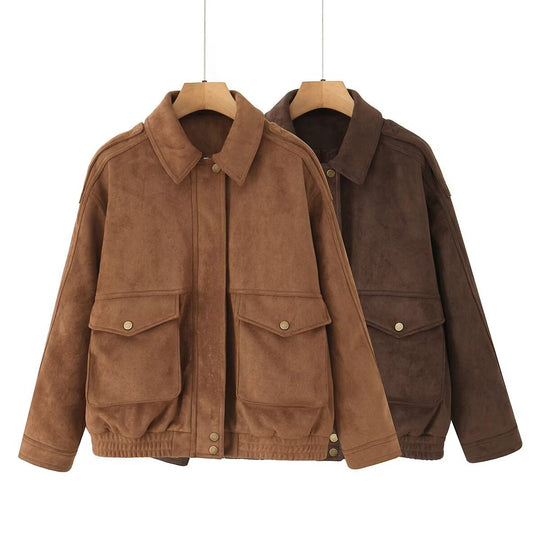 Damen Oversize Wildlederoptik-Bomberjacke mit Pattentaschen und elastischem Saum Nord Taschen