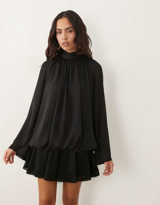 Damen Chiffon-Minikleid mit geraffter Blusentunika, Stehkragen und Volantrock Nord Taschen
