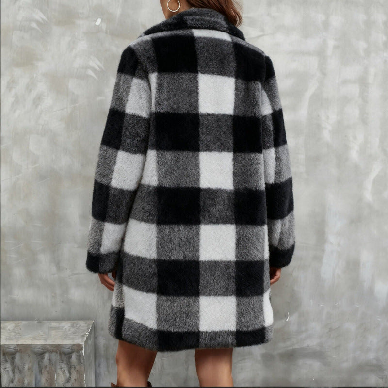 Damen Karierter Teddy-Mantel mit Reverskragen und Kuschel-Fleece Nord Taschen
