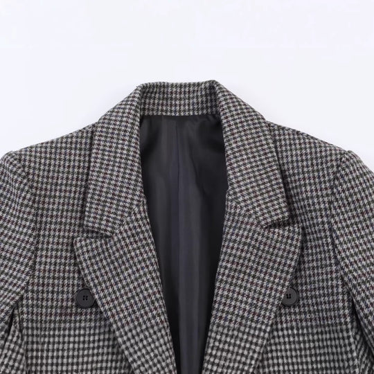 Damen Zweireihiger Hahnentritt-Blazer mit offenem Schlitz-Saum und taillierter Silhouette Nord Taschen