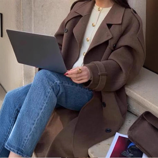 Damen Maxi-Wollmix-Mantel im Military-Stil mit breitem Revers und überschnittenen Ärmeln Nord Taschen